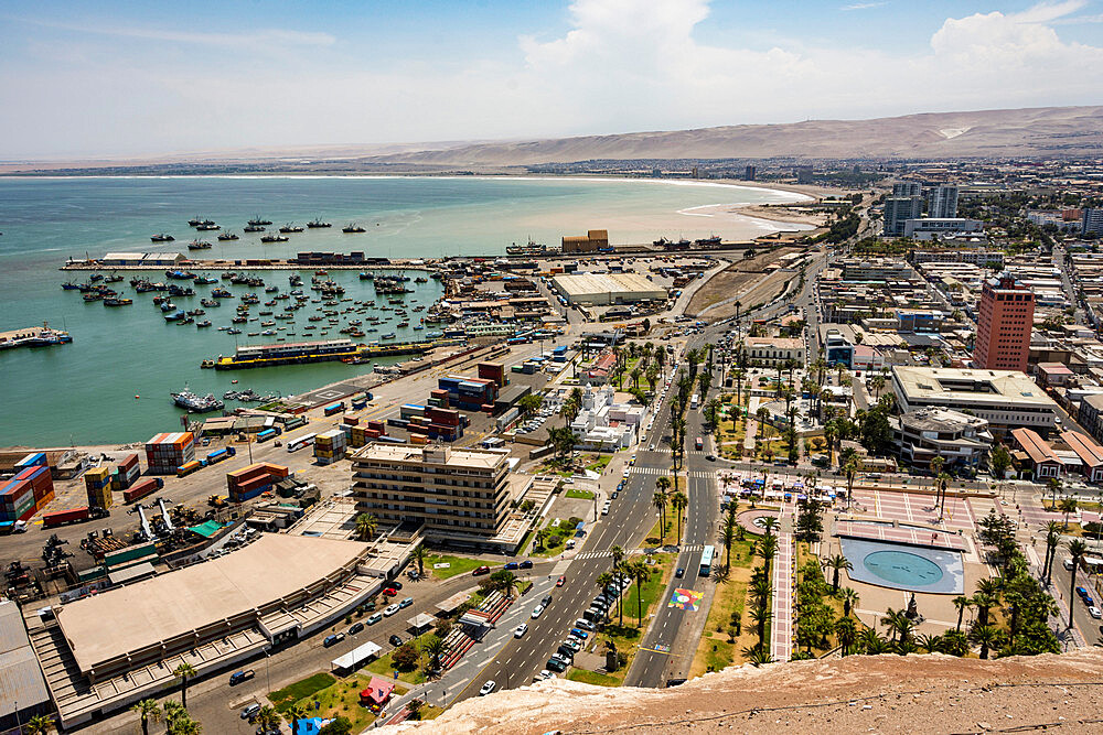 Port and downtown seen from the top of El Morro de Arica, Arica, Chile, South America