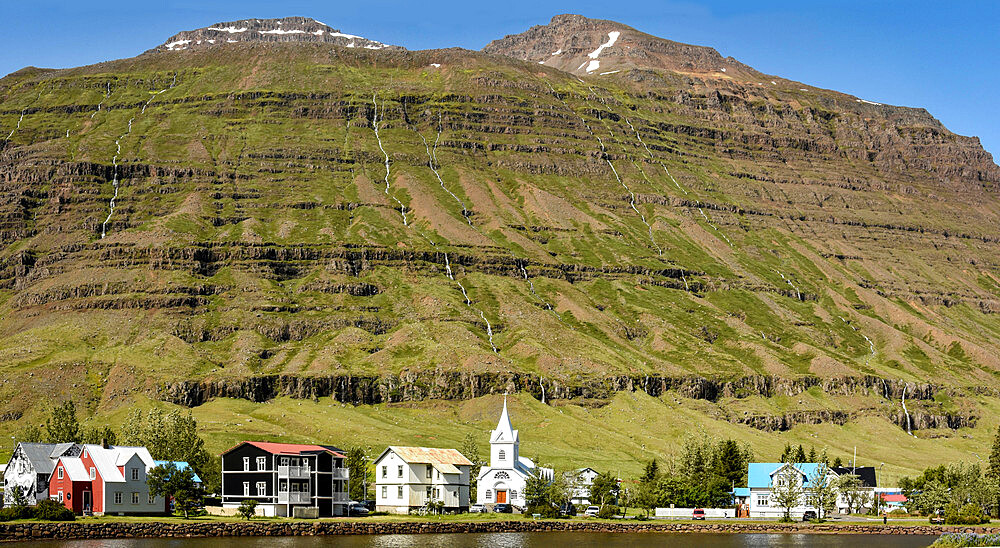 Seydisfjordur, beneath hillside of basalt lavas, eastern Iceland, Polar Regions