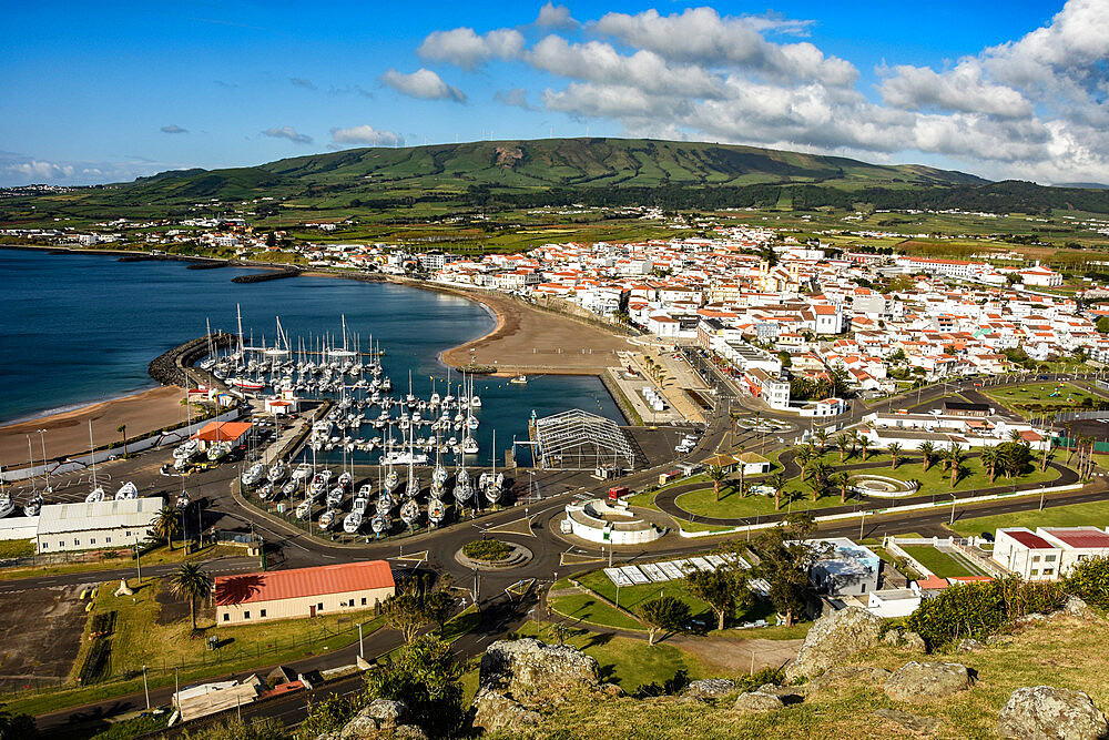 Serro do Cume shield volcano, and city of Praia da Vitoria, Terceira island, Azores, Portugal, Atlantic, Europe