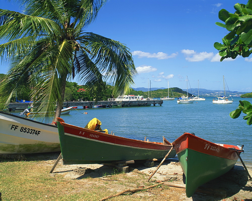 Fishing boats pulled up onto the beach at Trois Ilets Harbour, Martinique, Lesser Antilles, West Indies, Caribbean, Central America