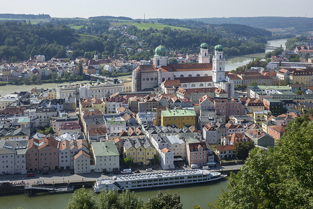 Aerial view of Passau, with River Danube in foreground and River Inn in the distance, Lower Bavaria, Germany, Europe