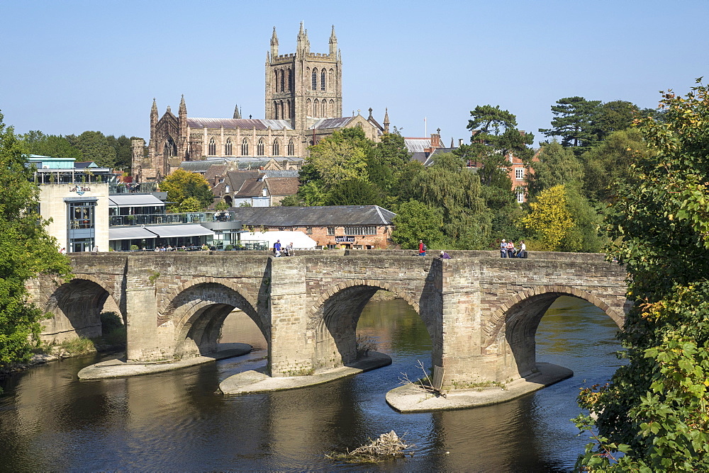 Cathedral, old bridge and River Wye, Hereford, Herefordshire, England, United Kingdom, Europe