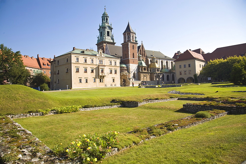 Remains of ancient ruins in front of Wawel Cathedral, Krakow, Poland, Europe