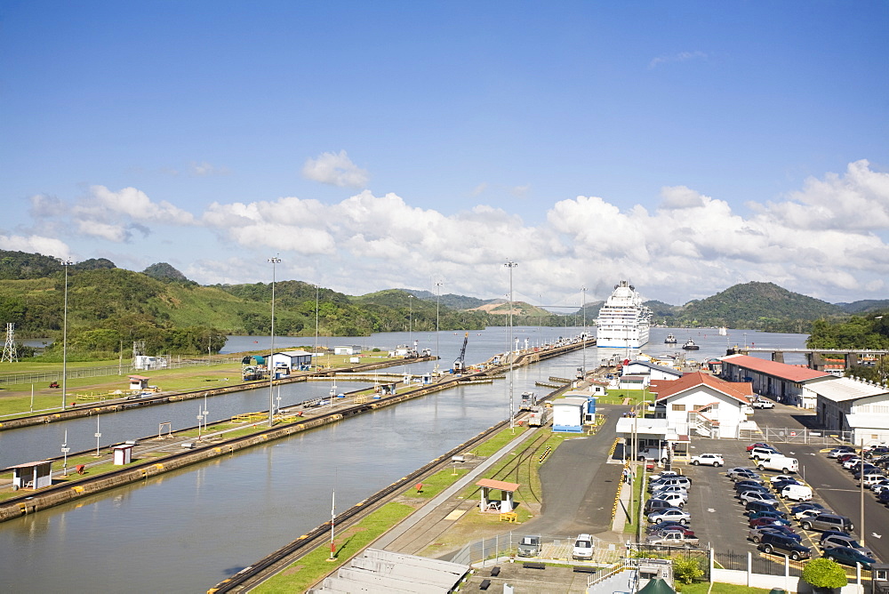 Island Princess Cruise ship transiting Miraflores Locks, Panama Canal, Panama, Central America