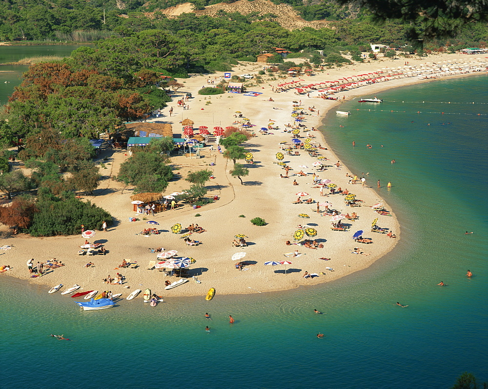 Low aerial of tourists on the Lagoon Beach, Olu Deniz, Anatolia, Turkey, Asia Minor, Eurasia