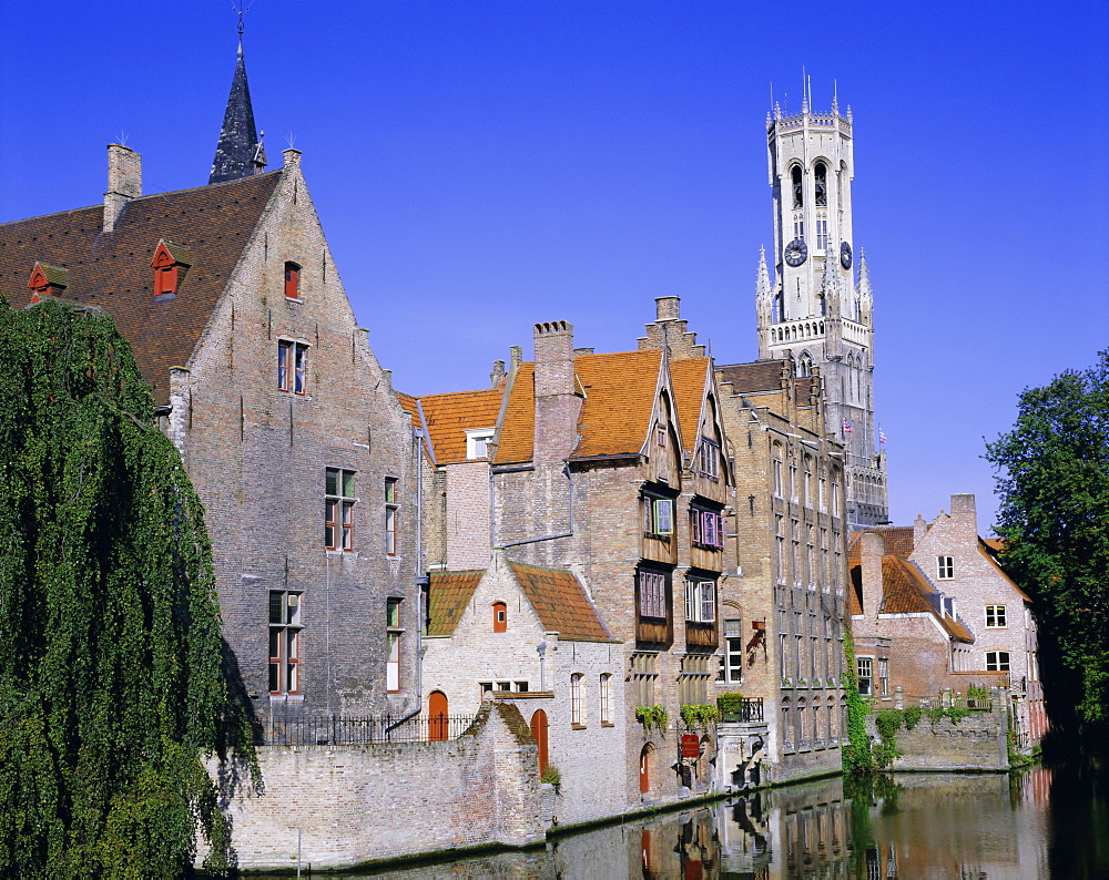 View towards the belfry of Belfort Hallen, Bruges, UNESCO World Heritage Site, Belgium, Europe