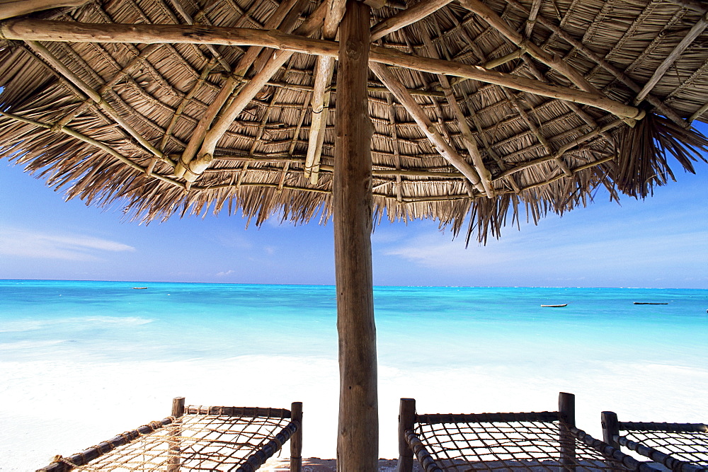 Beach parasol overlooking Indian Ocean, Jambiani beach, island of Zanzibar, Tanzania, East Africa, Africa