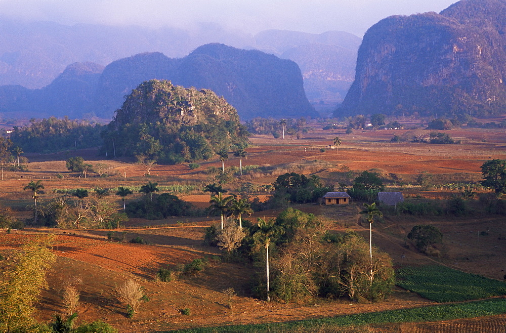 View over Vinales Valley from Hotel Los Jasmines, Vinales, UNESCO World Heritage Site, Cuba, West Indies, Central America