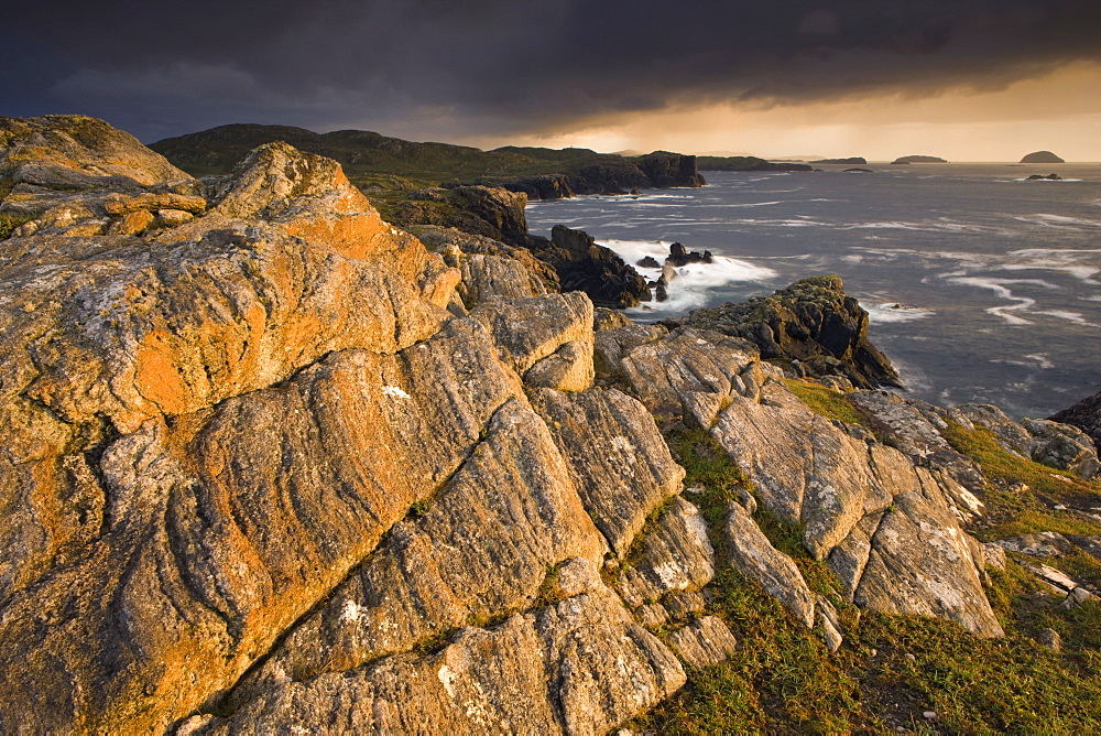 Stormy evening view along the rugged Atlantic coast near Carloway, Isle of Lewis, Outer Hebrides, Scotland, United Kingdom, Europe