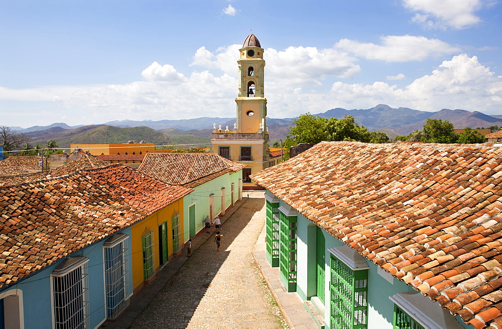 View from the balcony of the Museo Romantico towards the tower of Iglesia y Convento de San Francisco, Trinidad, UNESCO World Heritage Site, Cuba, West Indies, Central America