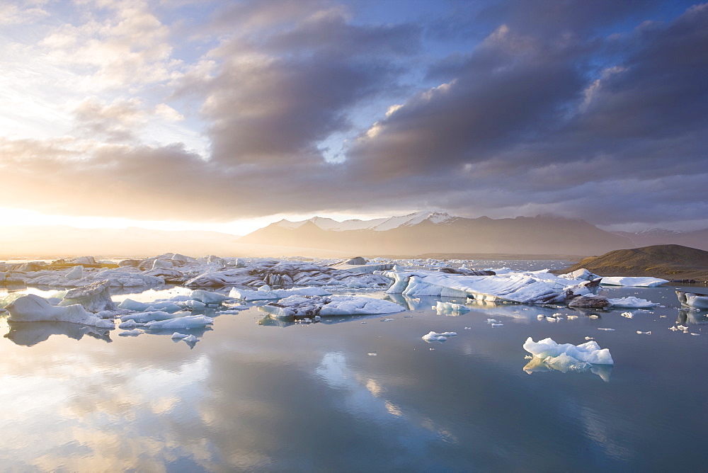 Icebergs floating on the Jokulsarlon glacial lagoon at sunset, Iceland, Polar Regions