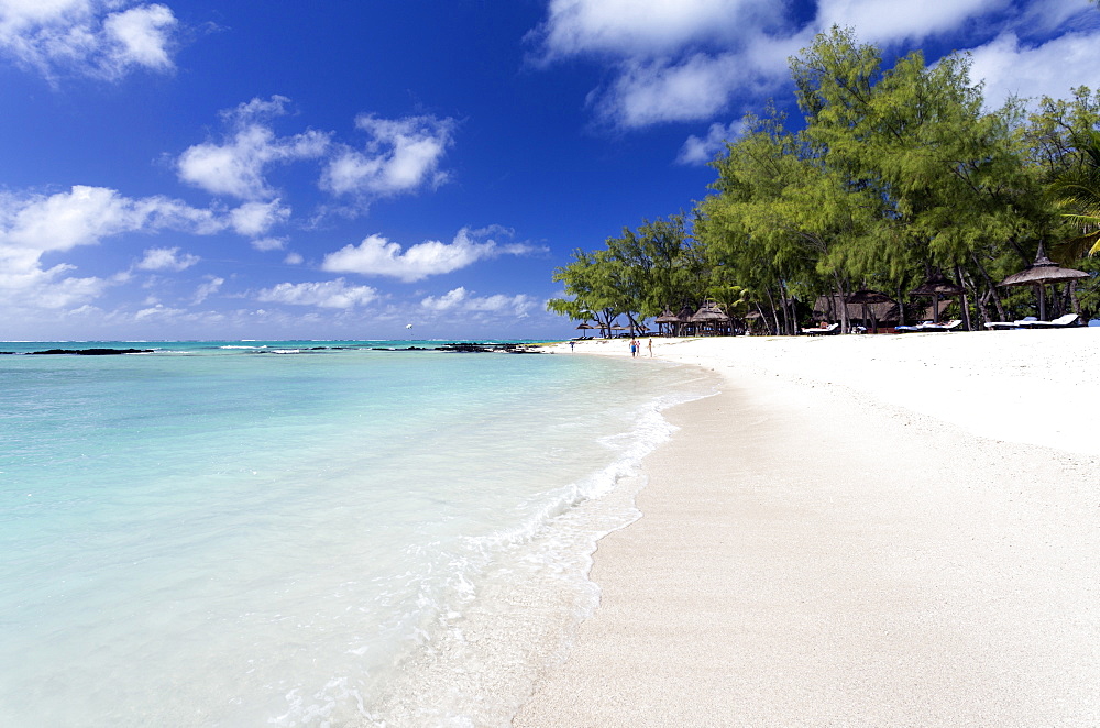 Idyllic beach scene with blue sky, aquamarine sea and soft sand, Ile Aux Cerfs, Mauritius, Indian Ocean, Africa