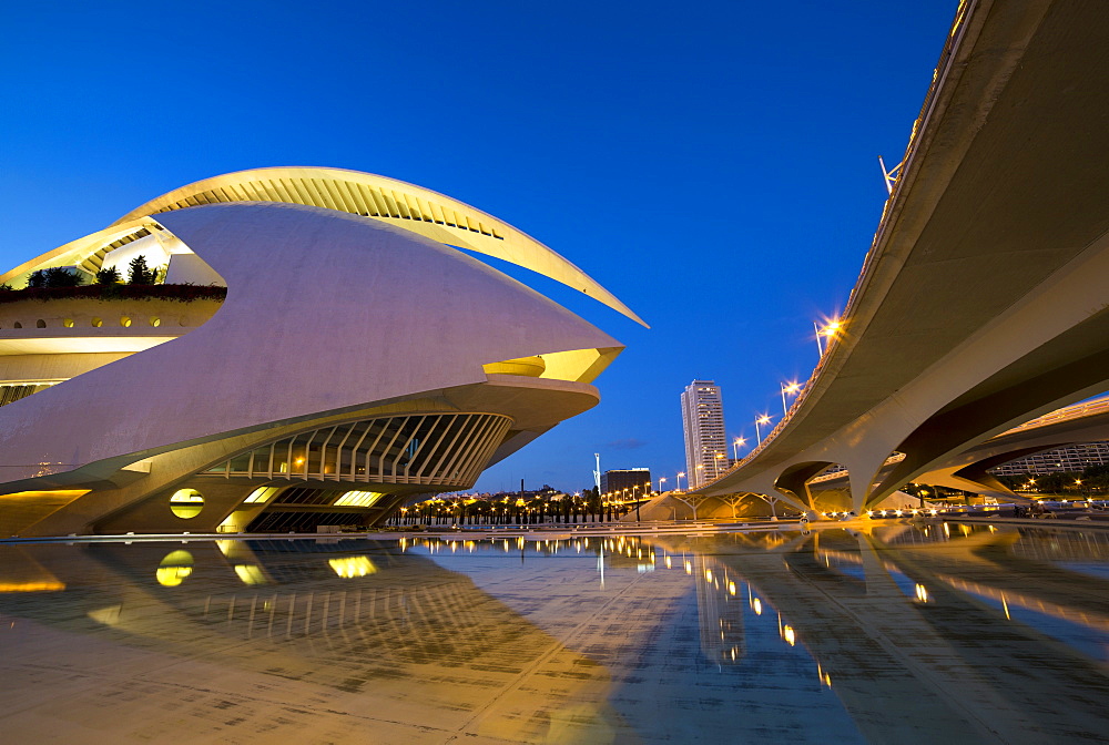 El Palau de les Arts Reina Sofia (Opera House and performing arts centre) at night, the City of Arts and Sciences (Ciudad de las Artes y las Ciencias), Valencia, Spain, Euruope