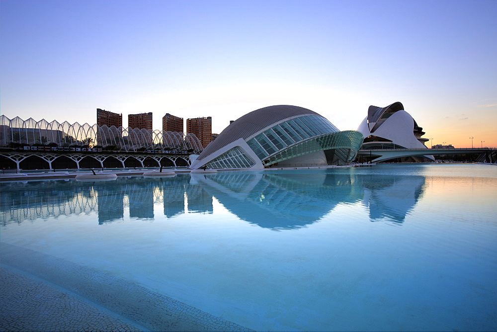 L'Hemisferic, L'Umbracle and El Palau de les Arts Reina Sofia at dusk at the City of Arts and Sciences (Ciudad de las Artes y las Ciencias), Valencia, Spain, Europe