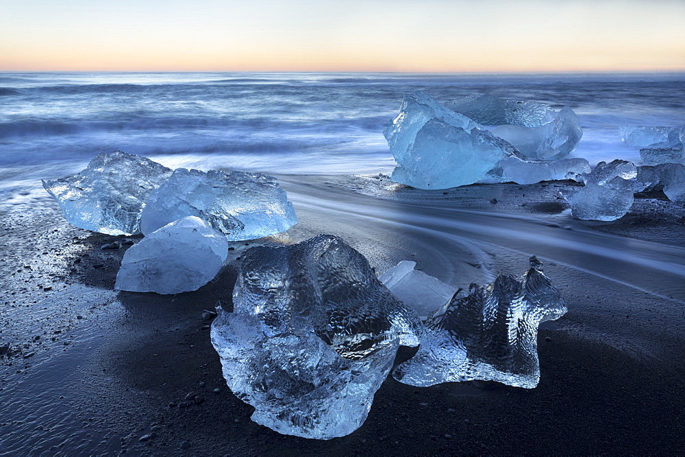 Jokulsa Beach at sunrise, on the edge of the Vatnajokull National Park, South Iceland, Iceland, Polar Regions