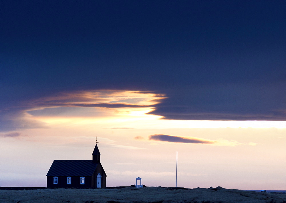 Budir Church at sunrise, hamlet on Budir in Stadarsveit on the Snaefellsnes Peninsula, Iceland, Polar Regions