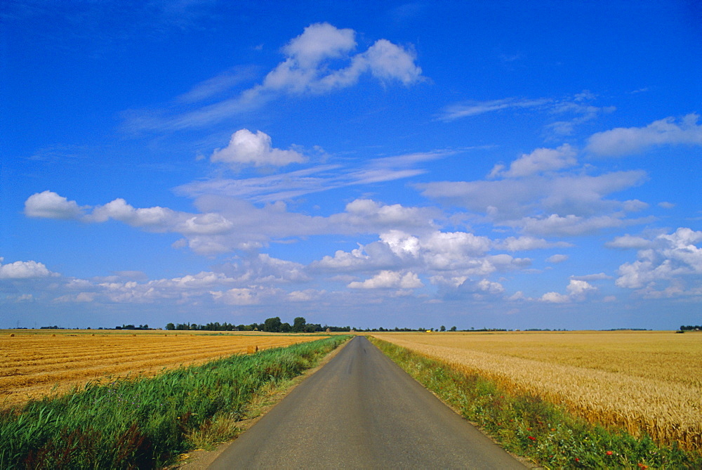 Straight country road through fenland near Peterborough, Cambridgeshire, England, UK