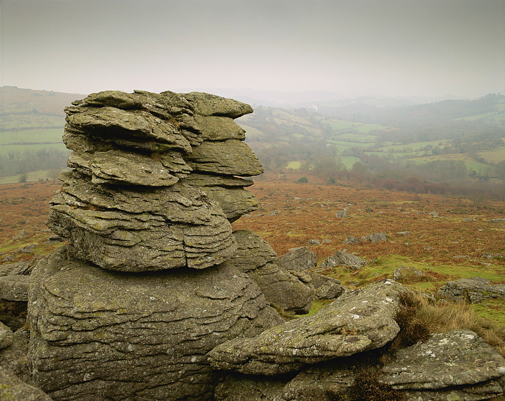 Misty view at Hound Tor, Dartmoor, south Devon, England, United Kingdom, Europe