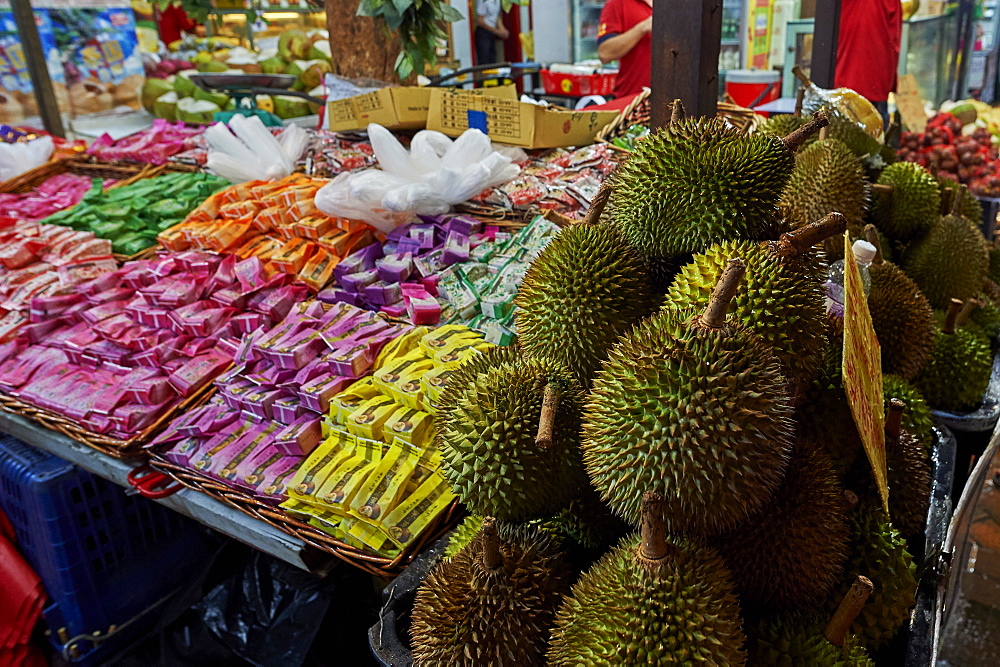 Durian fruit for sale in Chinatown, Singapore, Southeast Asia, Asia