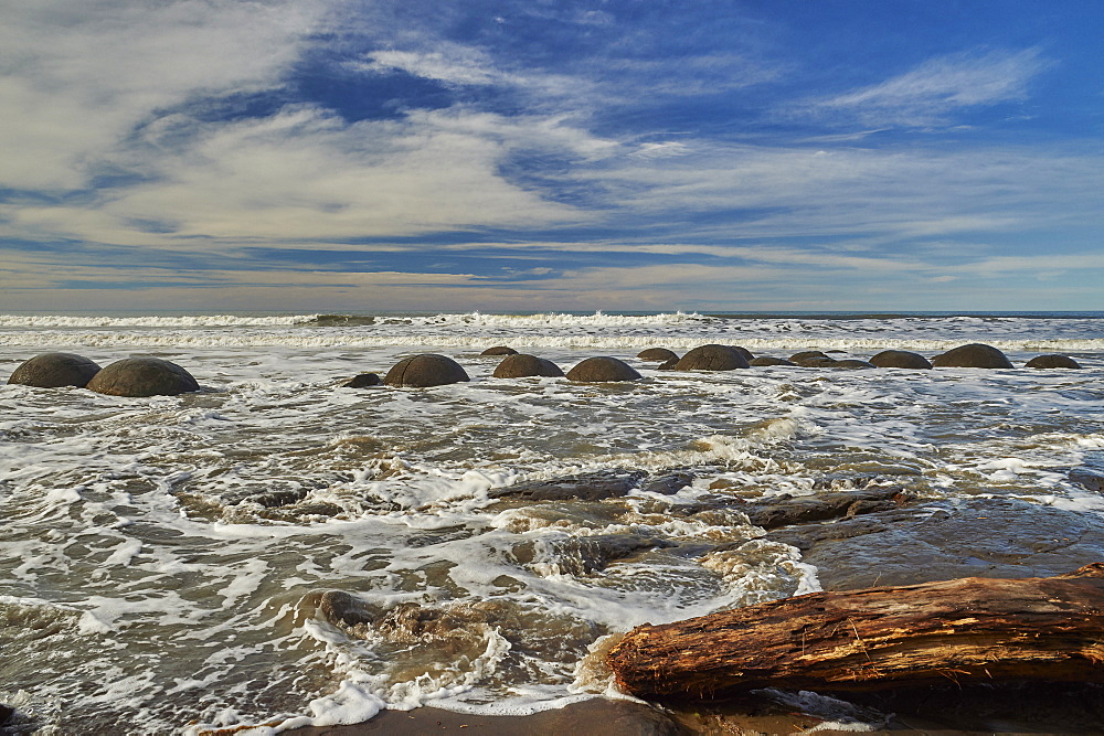 Moeraki Boulders, a group of very large spherical boulders on Koekohe Beach near Moeraki on the coast of Otago, South Island, New Zealand, Pacific