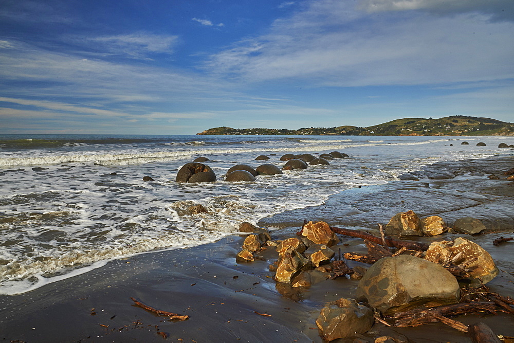 Moeraki Boulders, a group of very large spherical boulders on Koekohe Beach near Moeraki on the coast of Otago, South Island, New Zealand, Pacific