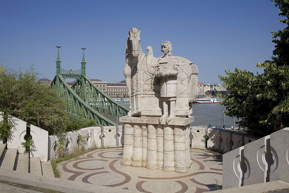 Statue of Saint Stephen Kiraly near Liberty bridge, Budapest, Hungary, Europe