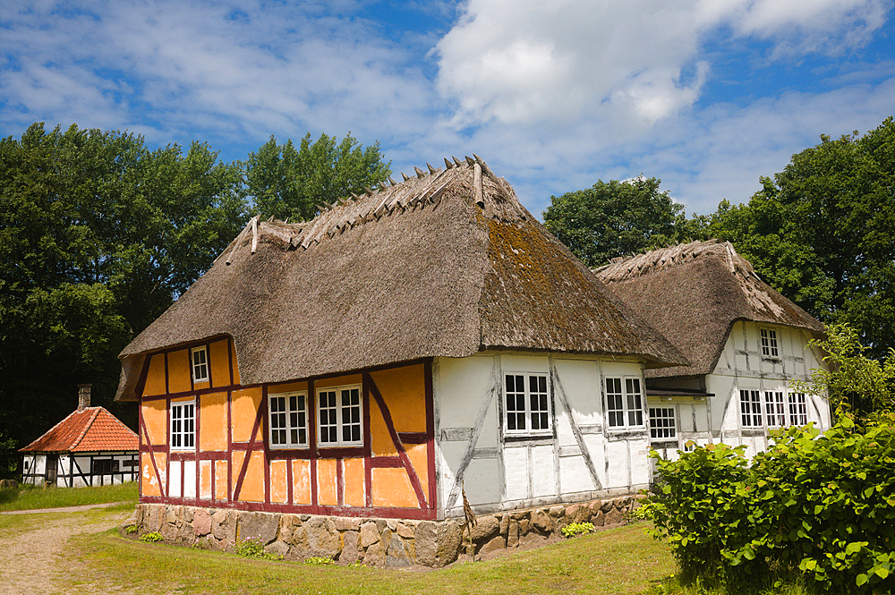 The Inn at Hjerl Hede Open Air Museum with the Smithy at left, near Vinderup, Denmark, Europe