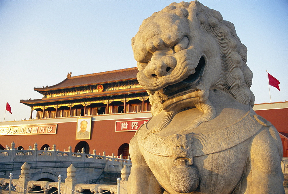 Lion and Tienanmen Gate in the city of Beijing, China. 