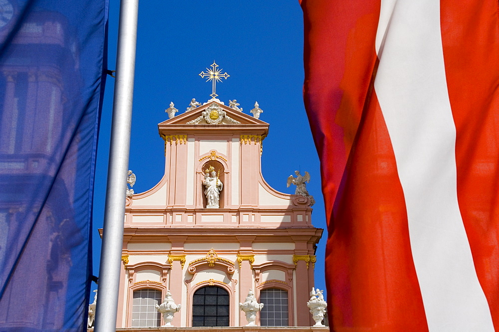 Stift Gottweig with Austrian and E.U. flags, Krems, Wachau, Austria, Europe