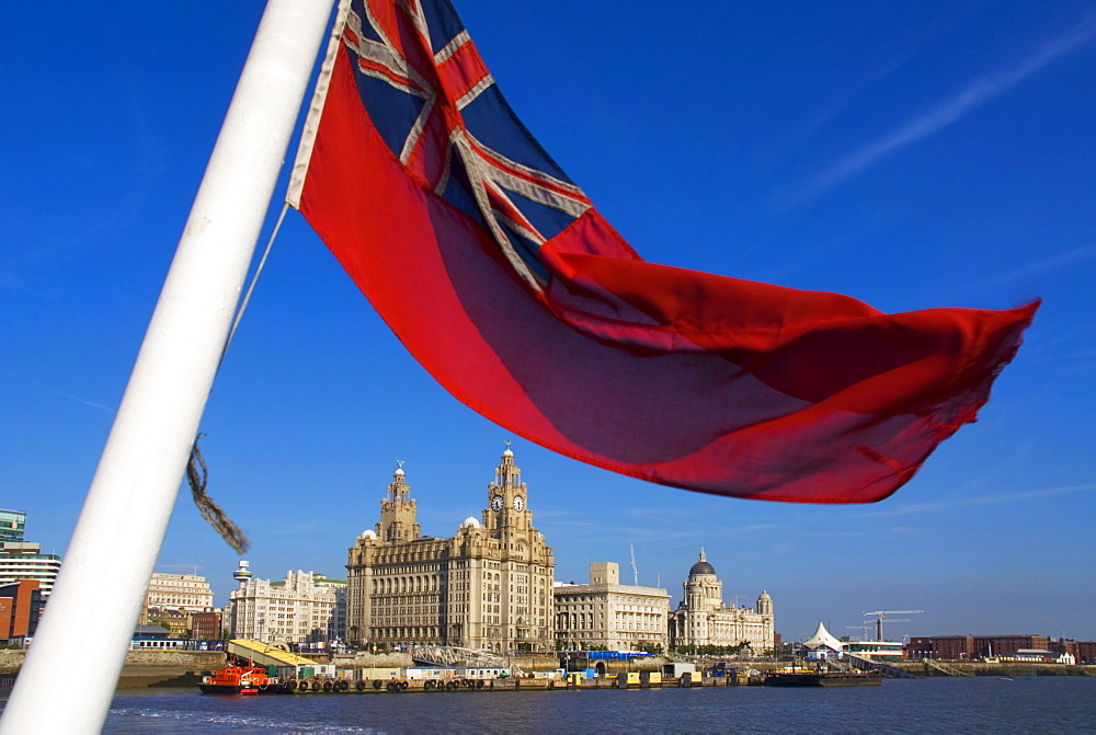 Red Ensign, River Mersey and Three Graces, Liverpool, Merseyside, England, United Kingdom, Europe