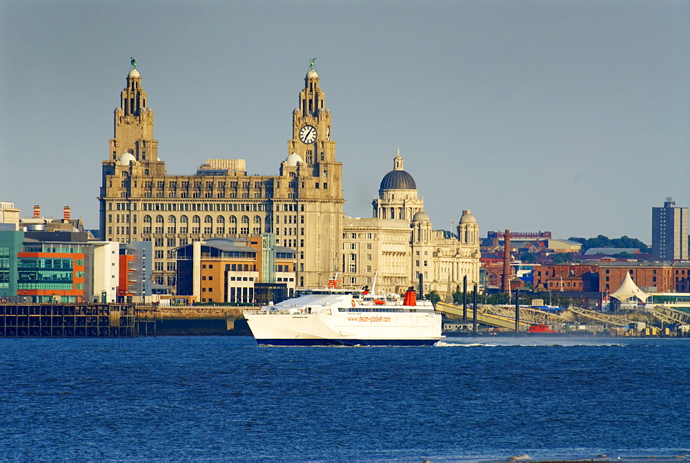 Superseacat and Three Graces from the River Mersey, Liverpool, Merseyside, England, United Kingdom, Europe