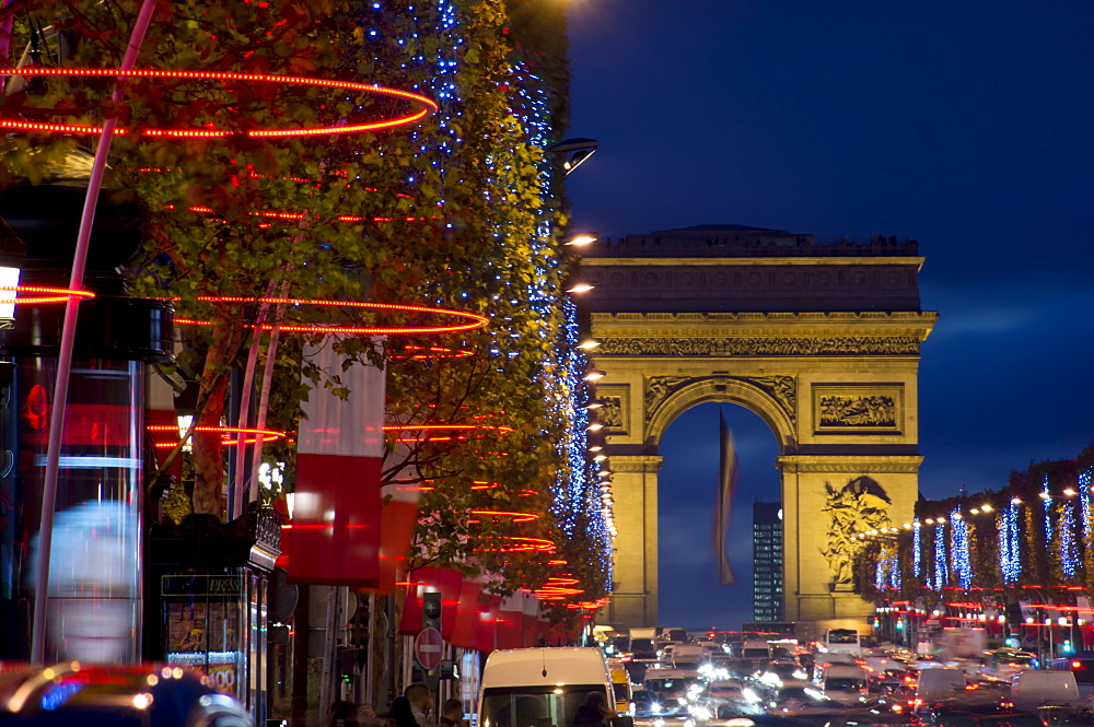 Champs Elysees and Arc de Triomphe at dusk, Paris, France, Europe