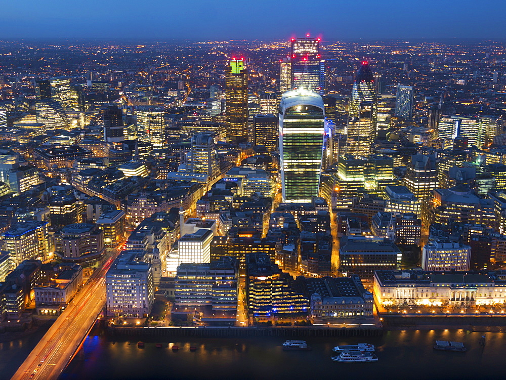 Aerial London Cityscape dominated by Walkie Talkie tower at dusk, London, England, United Kingdom, Europe