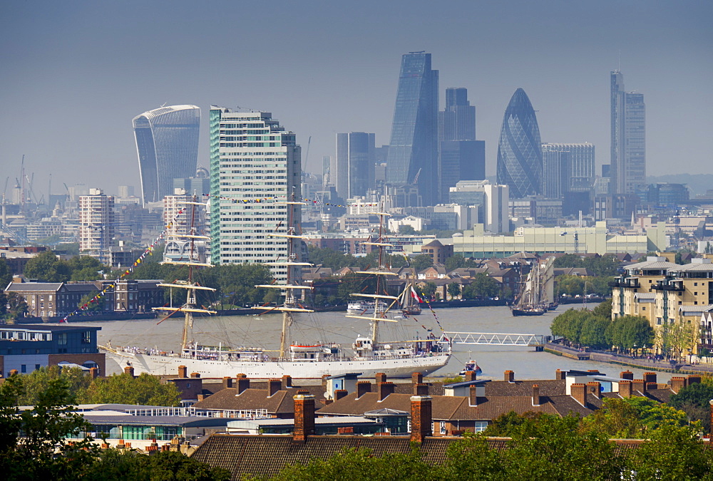 Tall Ships Festival on River Thames, with City skyline including the Walkie Talkie building in background, London, England, United Kingdom, Europe 