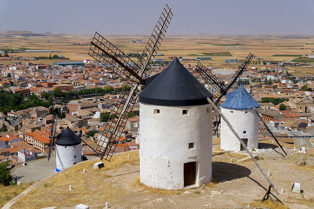 Don Quixote windmills and town, Consuegra, Castile-La Mancha, Spain, Europe