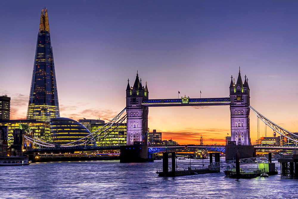 The Shard with Tower Bridge and River Thames at sunset, London, England, United Kingdom, Europe