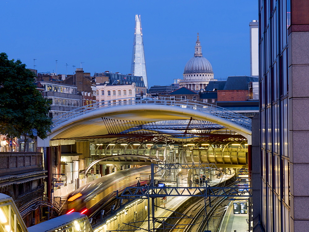 Farringdon Station dusk with The Shard and St. Pauls, London, England, United Kingdom, Europe