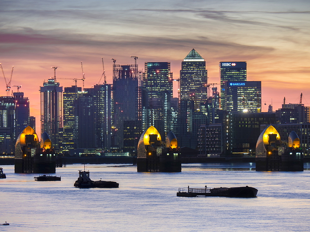 Canary Wharf from at Woolwich dusk, London, England, United Kingdom, Europe