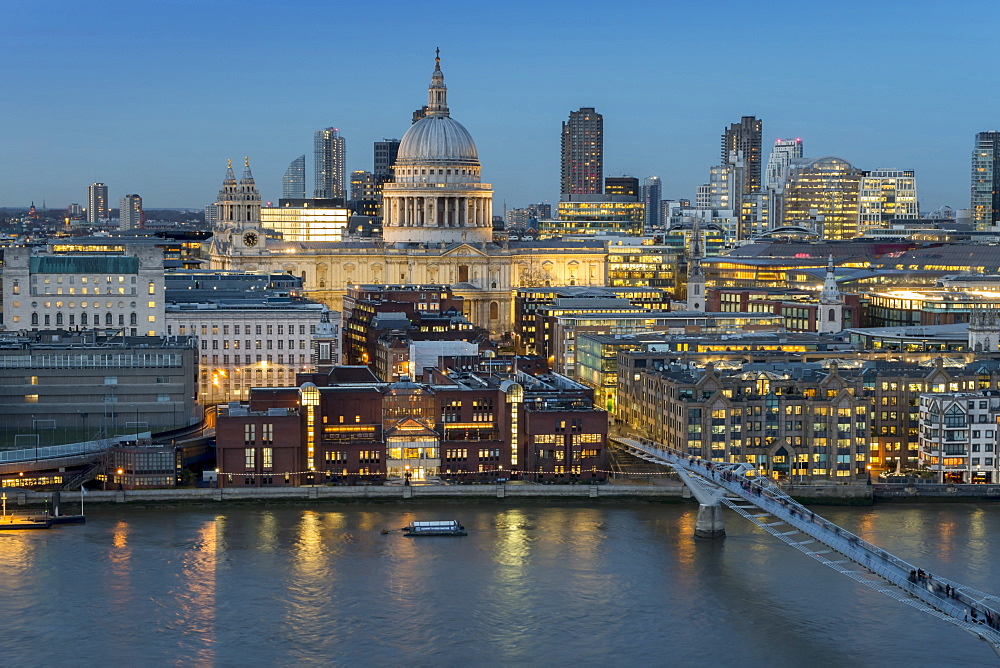 St. Pauls Cathedral and the Millennium Bridge over the River Thames from Tate Switch, London, England, United Kingdom, Europe