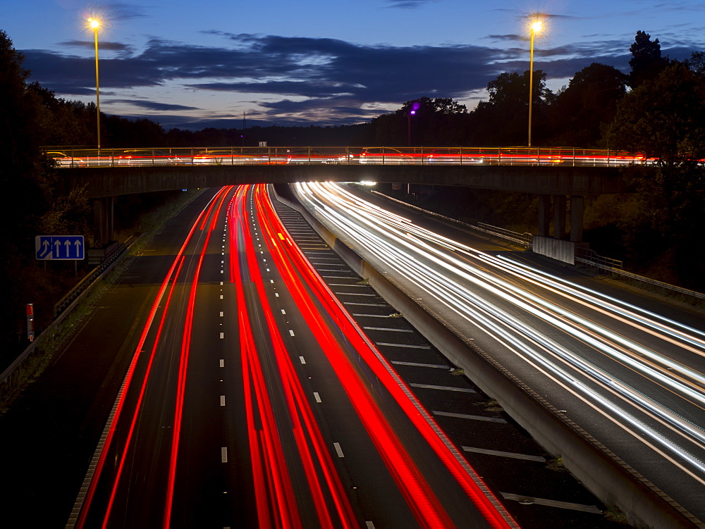 M3 motorway light trails, Surrey, England, United Kingdom, Europe