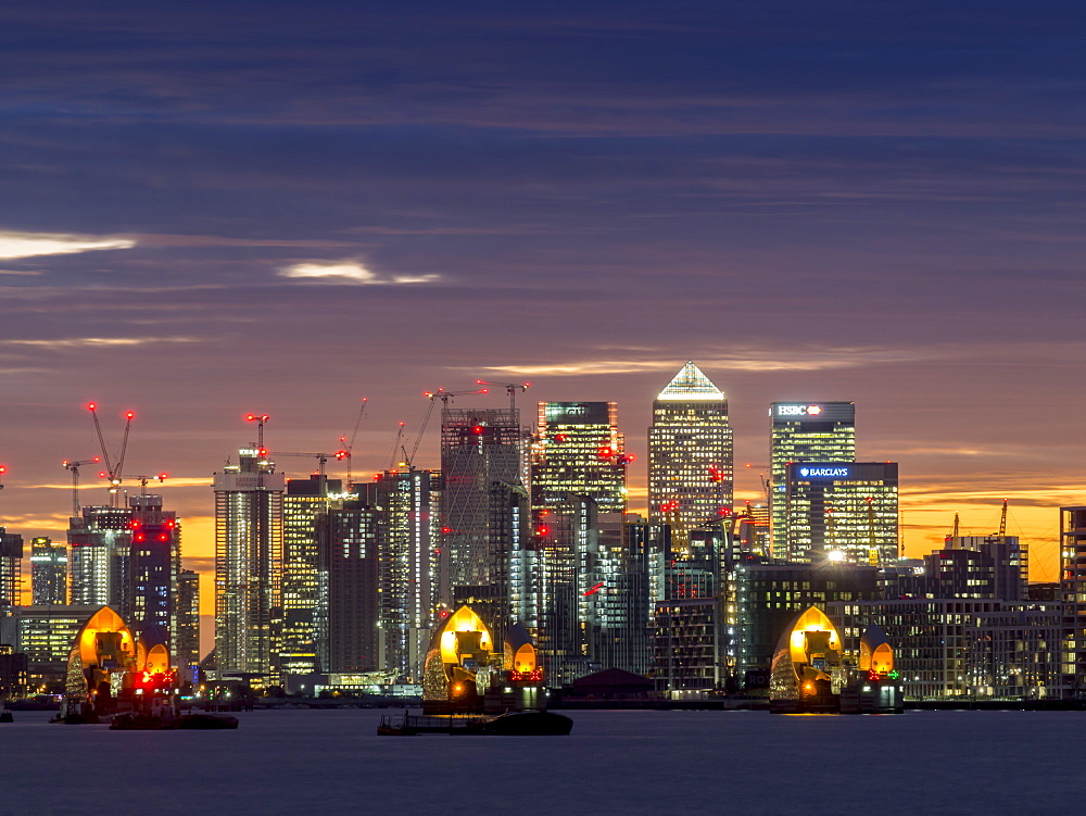 Canary Wharf from Woolwich at sunset, London, England, United Kingdom, Europe