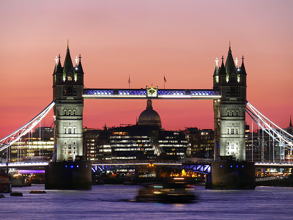 Panoramic view of Tower Bridge framing St. Paul's Cathedral, London, England, United Kingdom, Europe