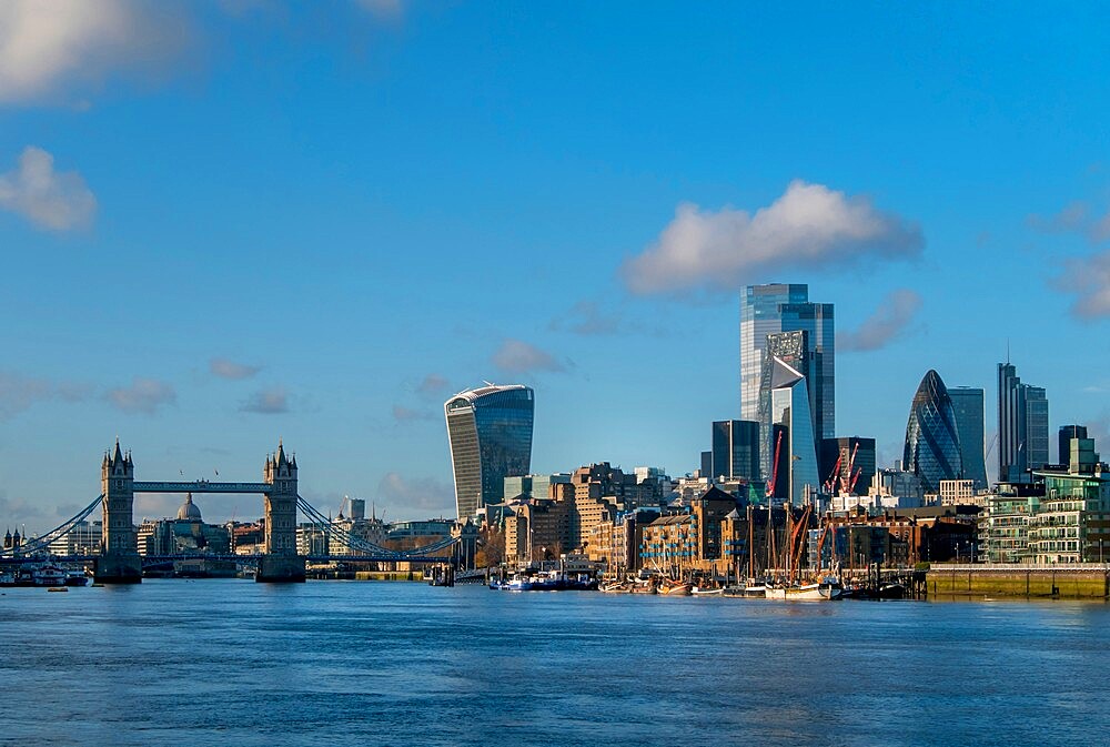 City skyline with Tower Bridge from Bermondsey, London, England, United Kingdom, Europe