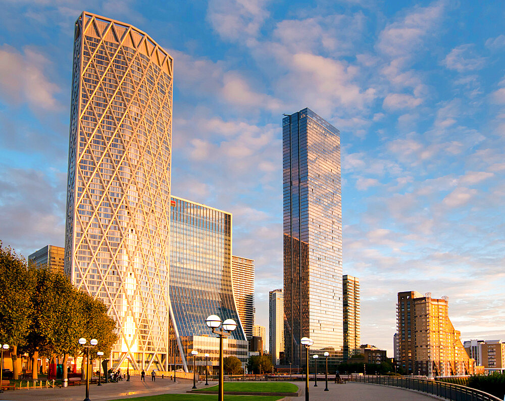 Canary Wharf towers from Westferry Circus, Docklands, London, England, United Kingdom, Europe