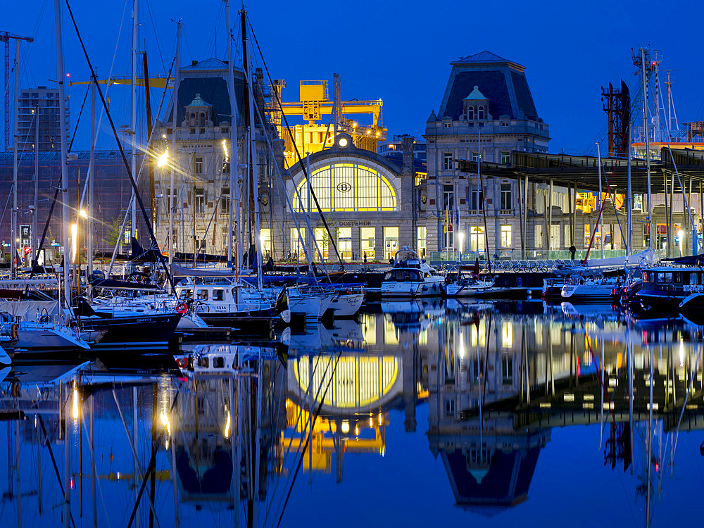 Railway station dusk, Ostend, Belgium, Europe