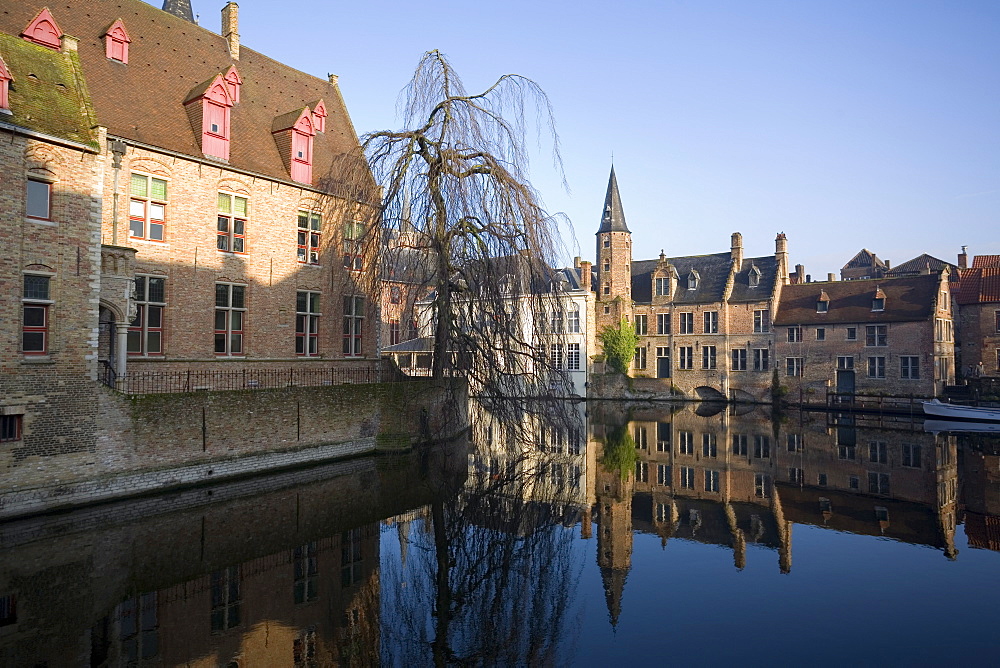 Rozenhoedkaai (quayside) and Belfry from Braambergstraat, near Markt, central Bruges, Belgium, Europe