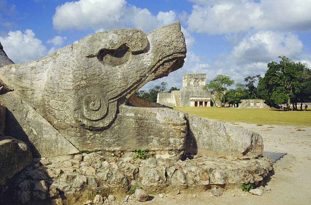 Serpent's Head at bottom of Great Pyramid, Chichen Itza, Mayan site, Mexico, Central America