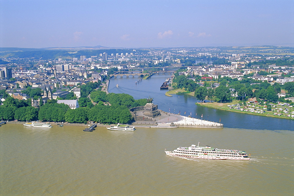 Aerial view over the junction between the Rhine River and the Mosel River at Koblenz, Palatinate, Germany