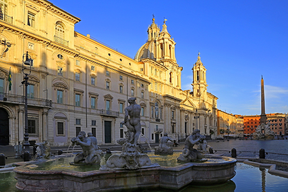 Fontana del Nettuno and Fontana dei Quattro Fiumi in Piazza Navona, Rome, Lazio, Italy, Europe