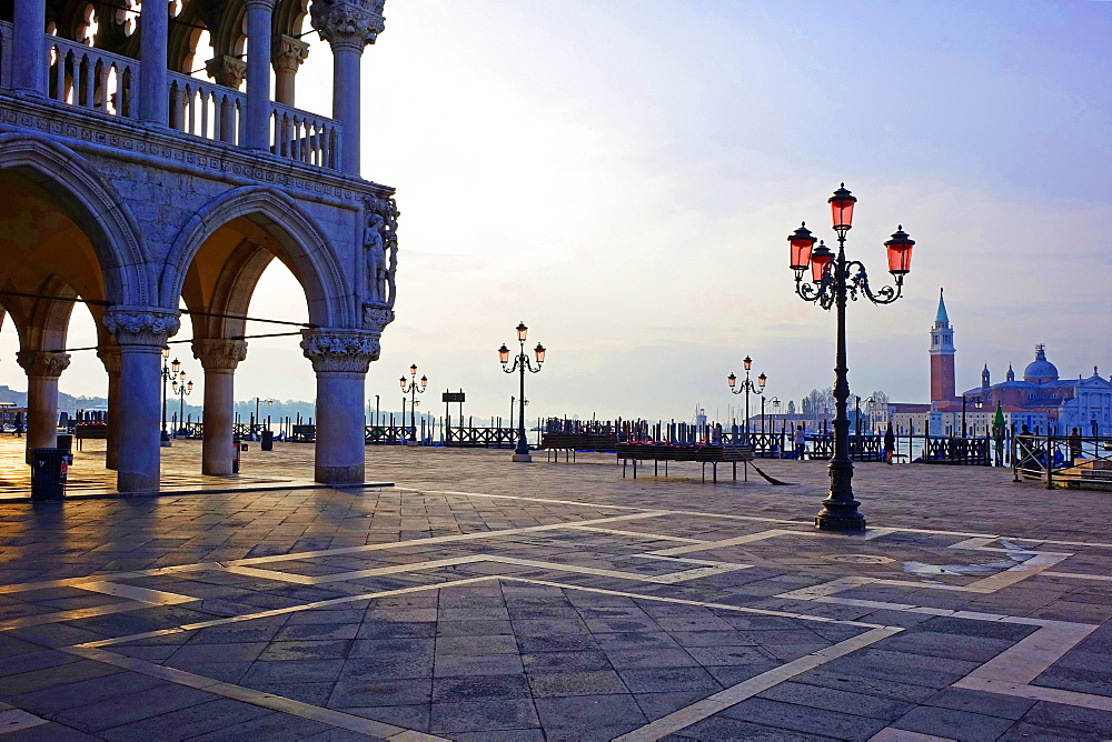 Doge's Palace and Piazzetta against San Giorgio Maggiore in early morning light, Venice, UNESCO World Heritage Site, Veneto, Italy, Europe